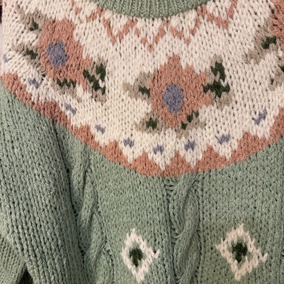 Green and Pink Vintage Grannycore Ramie Cotton Floral Sweater women’s Medium - Picture 2 of 4